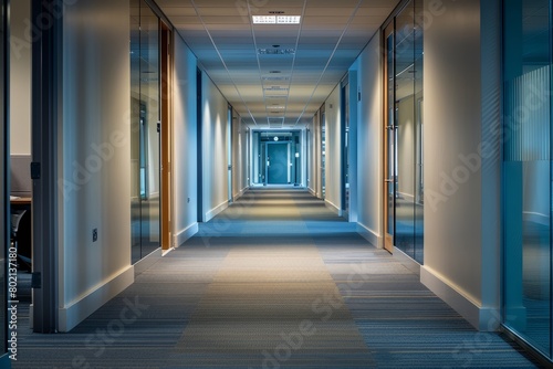 A long hallway in a modern office building leading to the entrance area with a focus on the perspective towards the end