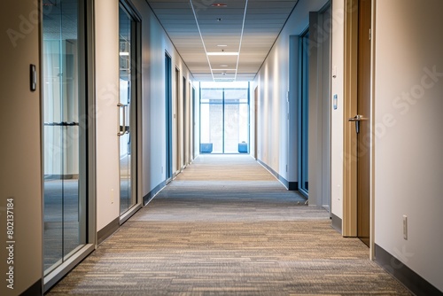 A perspective view down a modern office corridor, guiding the viewer towards a focal office building entrance