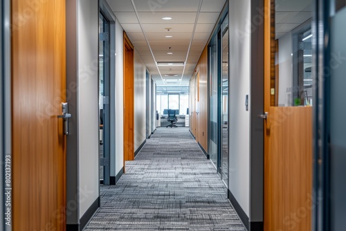 A perspective view down a long hallway in a modern office building  guiding the viewers eye towards the office entrance