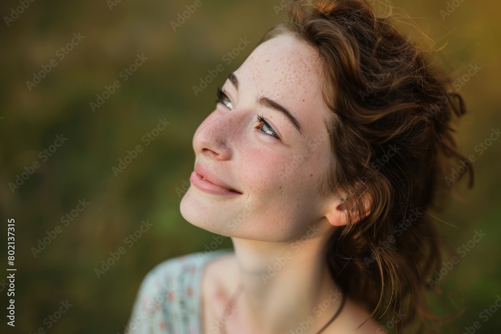 A close-up profile of a young woman with a gentle smile looking into the distance