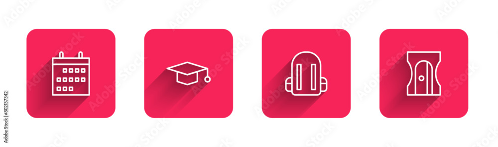 Set line Calendar, Graduation cap, School backpack and Pencil sharpener with long shadow. Red square button. Vector Set line Calendar, Graduation cap, School backpack and Pencil sharpener with long shadow. Red square button. Vector