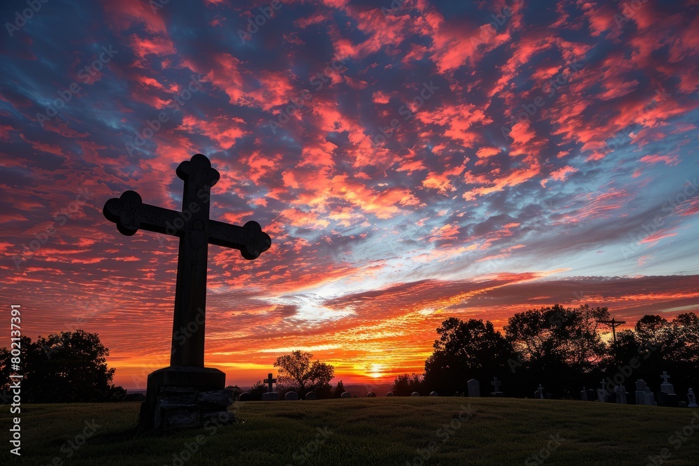 A dramatic scene of a Holy Cross in silhouette, set against a colorful sunset sky during dawn or dusk