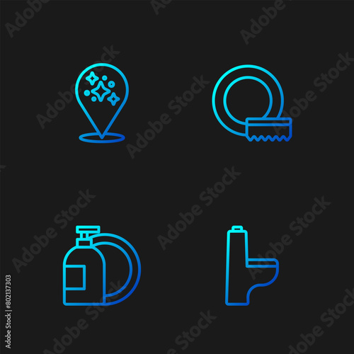 Set line Toilet bowl, Dishwashing liquid bottle, Home cleaning service and Washing dishes. Gradient color icons. Vector