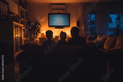 Silhouette of family sitting on couch, watching TV with soft glow