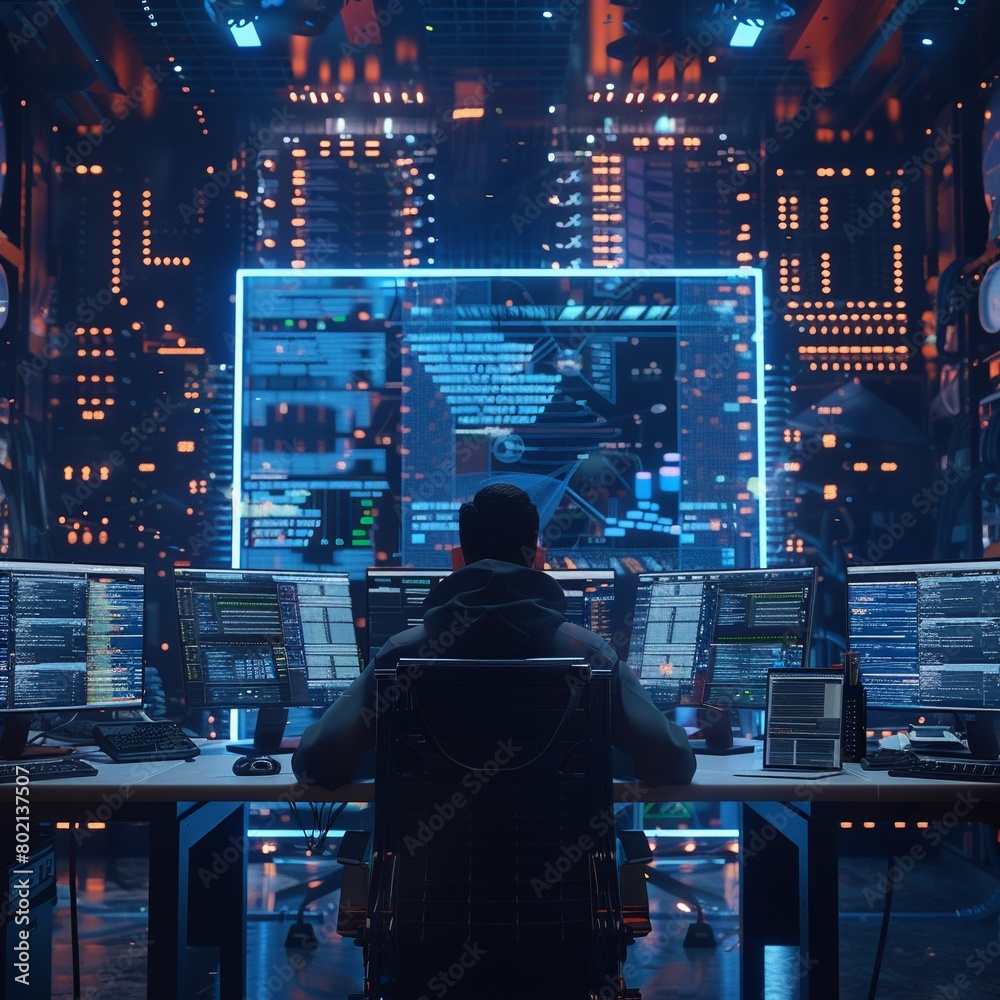 Cybersecurity hub scene with a hacker at work, neon interfaces. Cybersecurity hub scene with a hacker at work, neon interfaces.