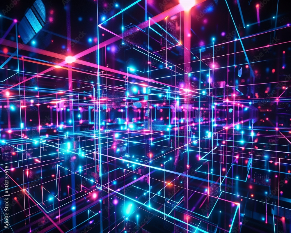 Obraz premium Dense 3D matrix of neon strings, glowing intensely on a pitch-black background.
