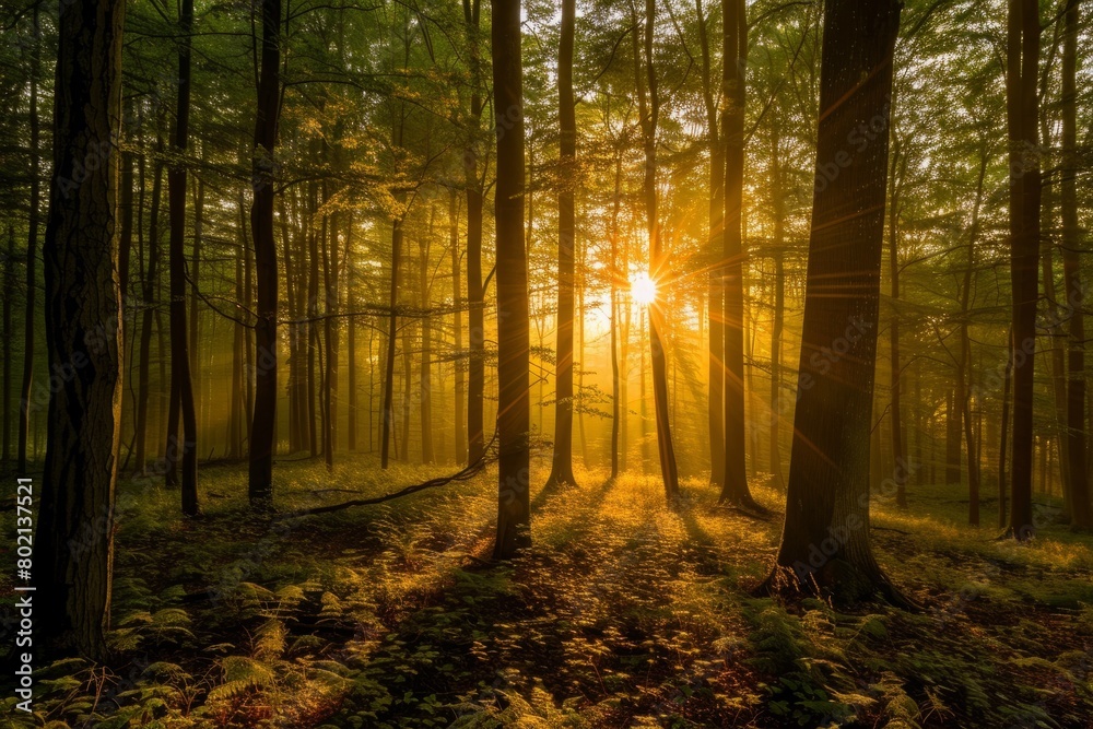 Sunlight filters through dense trees in forest, creating a magical golden hue