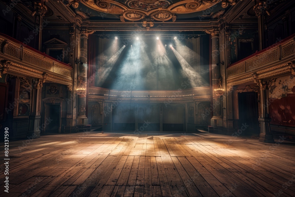 An empty theater stage under soft spotlights, highlighting the wooden floor. The scene conveys anticipation and readiness for a performance