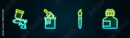 Set line Paint spray gun, bucket with brush, and Paint, gouache, jar, dye. Glowing neon icon. Vector photo