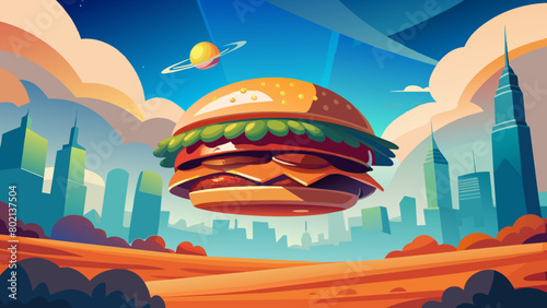 illustration of a delicious burger with flying ingredients on the moon Cartoon burger vector isolated illustration of a large burger, hamburger hand-drawn vector illustration realistic sketch