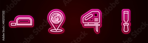 Set line Hacksaw, Wooden logs, Electric jigsaw and Chisel tool. Glowing neon icon. Vector