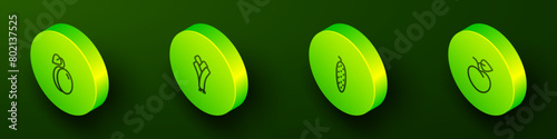Set Isometric line Plum fruit, Leek, Cucumber and Peach or nectarine icon. Vector