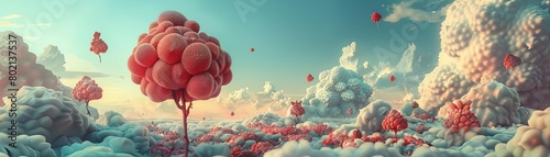 A surreal landscape with pink fluffy clouds shaped like various fruits and flowers