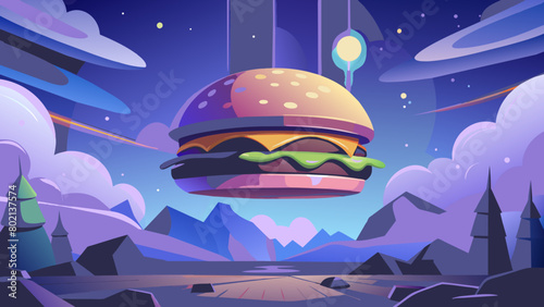 illustration of a delicious burger with flying ingredients on the moon Cartoon burger vector isolated illustration of a large burger, hamburger hand-drawn vector illustration realistic sketch
