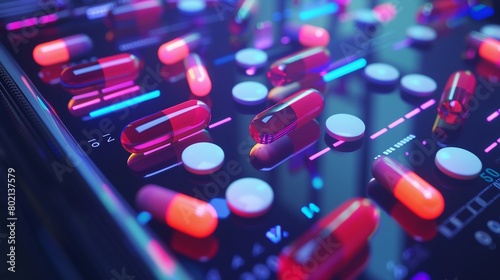Digital tablet displaying drug information with pills around. © GraphzTain
