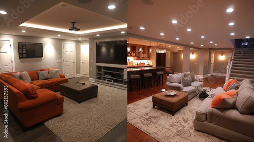 Convert a dark basement into a cozy family area with a media room and bar.