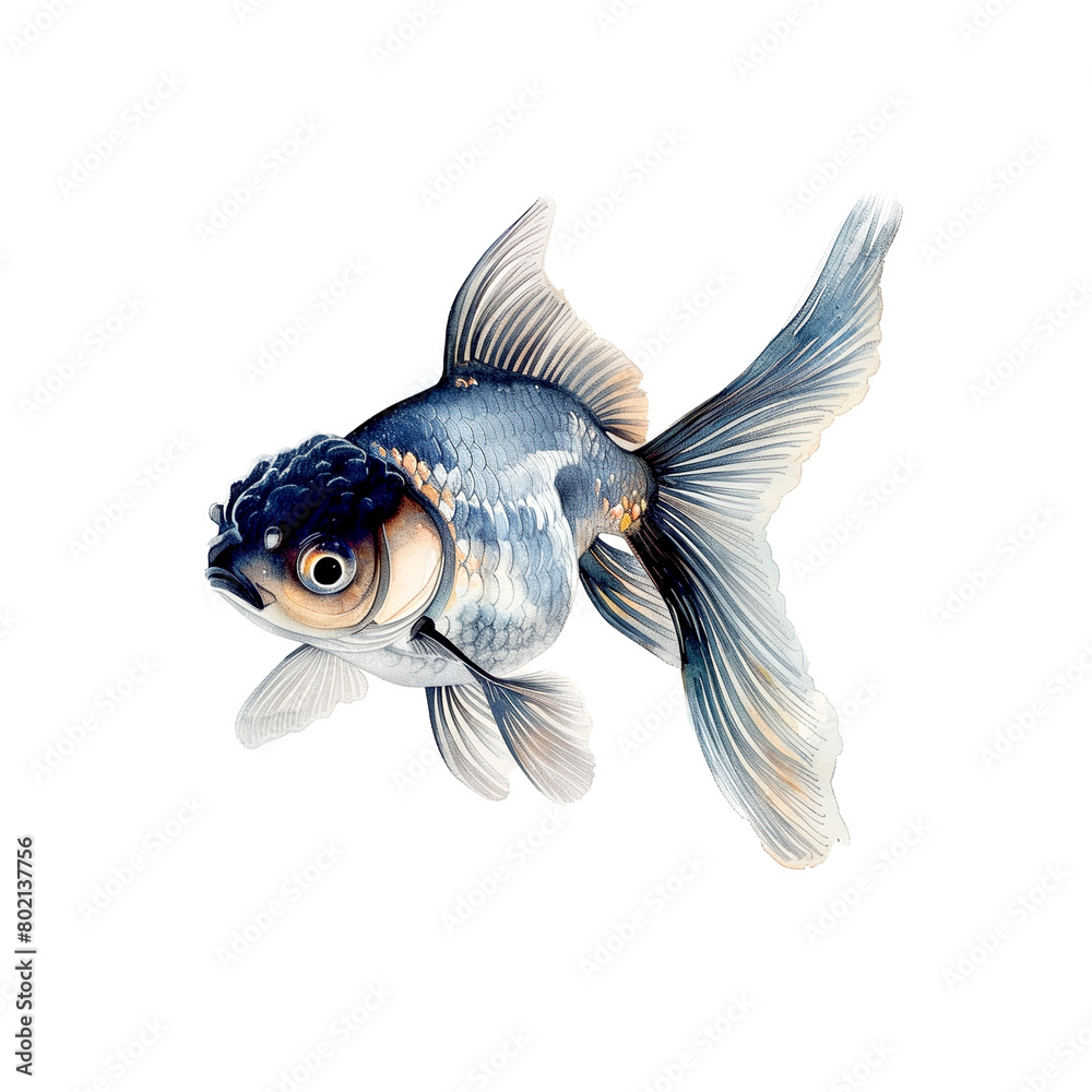 Fototapeta premium Watercolor illustration of black goldfish on white background