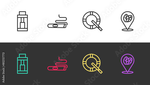 Set line Vape mod device, Cigar, Ashtray with cigarette and Tobacco leaf on black and white. Vector