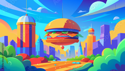 illustration of a delicious burger with flying ingredients on the moon Cartoon burger vector isolated illustration of a large burger, hamburger hand-drawn vector illustration realistic sketch