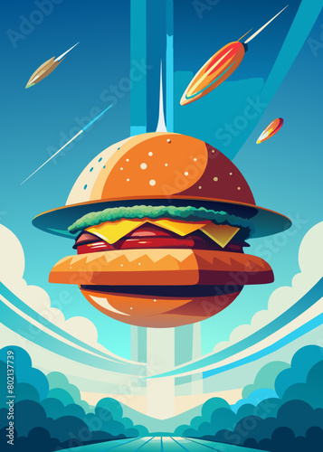 illustration of a delicious burger with flying ingredients on the moon Cartoon burger vector isolated illustration of a large burger, hamburger hand-drawn vector illustration realistic sketch
