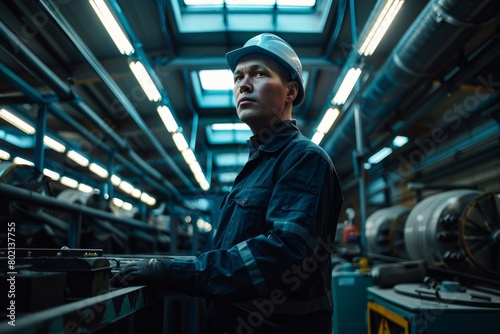 A senior man in a factory setting, staring up at equipment on the production line, illuminated by soft light