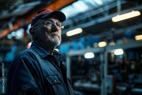 A senior man wearing a hat and glasses examines machinery on a factory production line