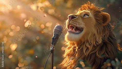 Cute funny lion singing in microphone. Created with Generative AI photo