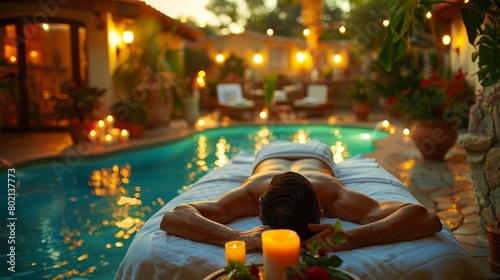 a massage therapist performing a relaxing massage in a spa setting, promoting stress relief and muscle relaxation. Magazine-style photography highlights the benefits of massage oils and aromatherapy