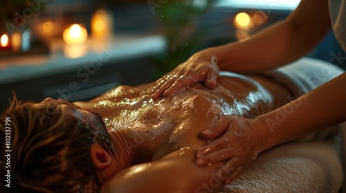 a massage therapist performing a relaxing massage in a spa setting  promoting stress relief and muscle relaxation. Magazine-style photography highlights the benefits of massage oils and aromatherapy