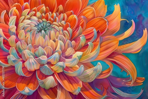 Vibrant chrysanthemum with shades of red  orange  yellow  and green petals. The edges of the petals are highlighted with light blue. The background is dark blue.