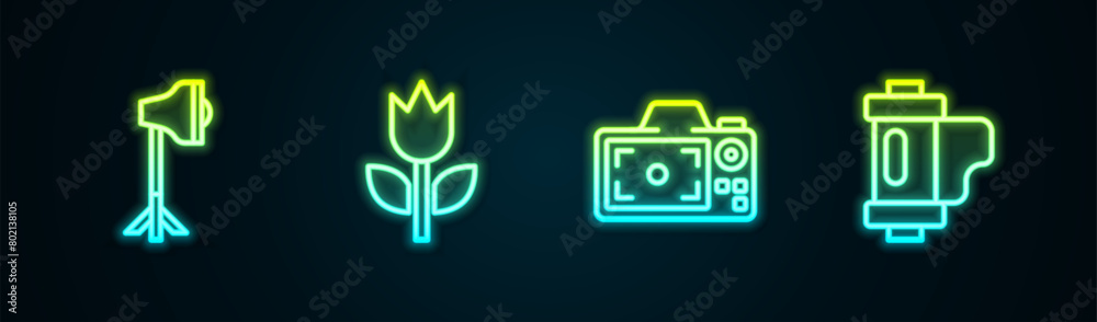 Set line Studio light bulb in softbox, Photo mode macro, camera and Camera film roll cartridge. Glowing neon icon. Vector Set line Studio light bulb in softbox, Photo mode macro, camera and Camera film roll cartridge. Glowing neon icon. Vector
