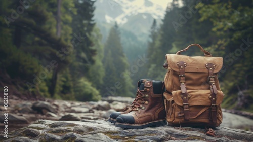 A backpack and hiking boots, symbolizing readiness for outdoor exploration and adventure photo