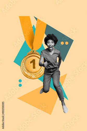 Vertical photo collage of excited american girl run reward receive promotion leader best worker medal isolated on painted background photo