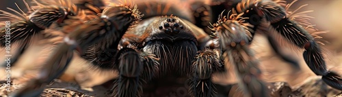 A close up of a tarantula spider. The spider is brown and hairy, with eight legs and two large fangs. photo