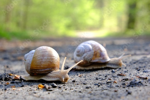 Closeup of two Helix pomatia on the road in forest.  Common names the Roman snail, Burgundy snail, edible snail or escargot. 