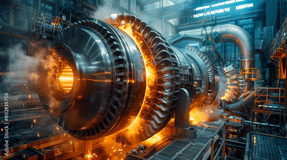 A real photo shot depicting the operation of turbines driven by high-pressure steam, converting thermal energy into mechanical energy A real photo shot depicting the operation of turbines driven by high-pressure steam, converting thermal energy into mechanical energy