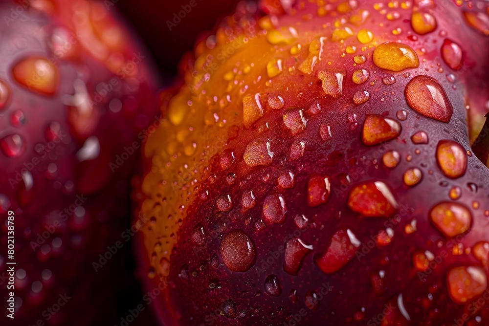 Macro photograph of a red peach with water droplets on its skin Macro photograph of a red peach with water droplets on its skin