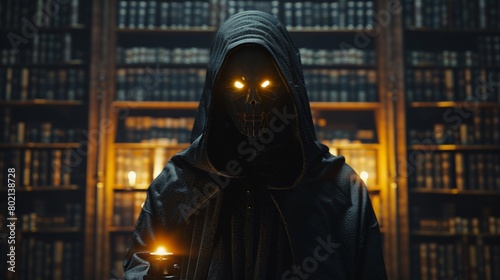 Hooded figure, ceremonial mask, Guardian of ancient knowledge.
