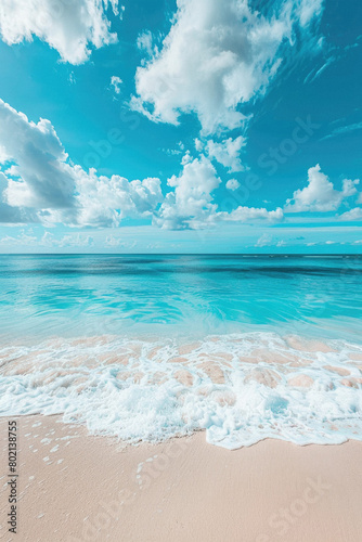 A beautiful blue ocean with white foam on the shore