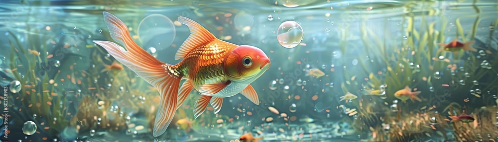 Fototapeta premium A beautiful orange goldfish swims gracefully through a crystal clear pond, surrounded by vibrant green plants and colorful bubbles.