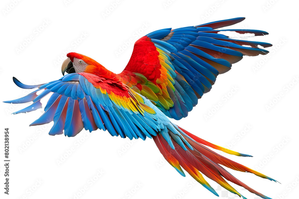 A vibrant parrot with its colorful feathers spread, isolated on transparent background, png file