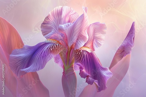 An ethereal purple iris  with delicate petals and a vibrant yellow center  is captured in stunning detail