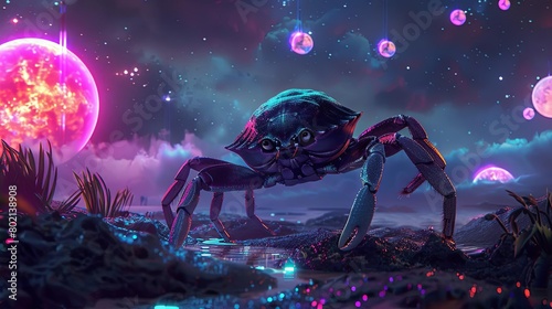 A surreal and psychedelic landscape featuring a giant crab walking on a beach with a large pink moon and several planets in the background photo