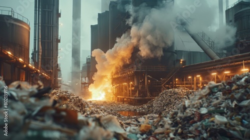 the incineration of non-recyclable waste materials in large furnaces, generating heat energy for electricity production photo