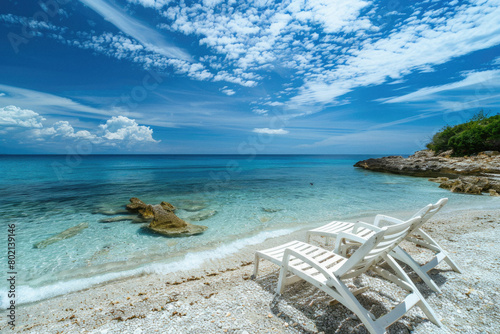 A beach scene with two white lawn chairs on the sand