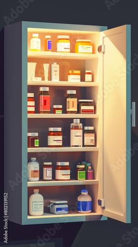 Medicine cabinet filled with various drugs, 3D flat style.