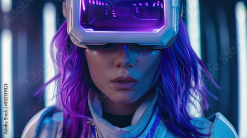 close up woman with purple hair in futuristic costume over dark background photo