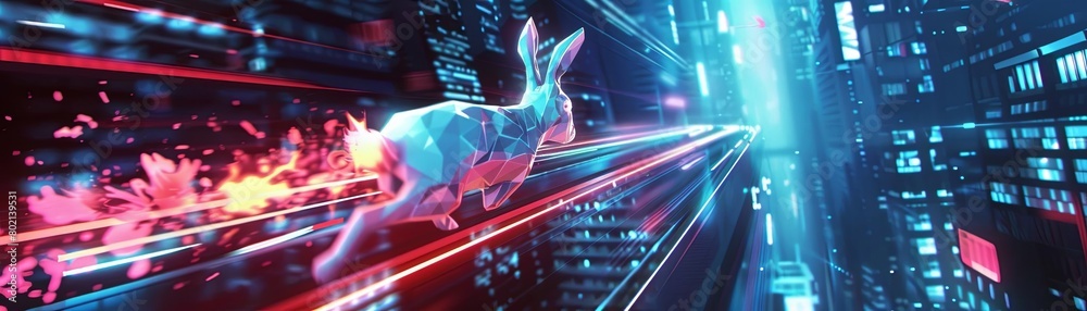 A blue and white neon rabbit streaks through a futuristic city, leaving a trail of pink dust in its wake