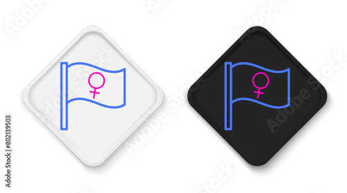 Line Female movement, feminist activist with banner and placards icon isolated on white background. Feminist rights movement, feminism sisterhood. Colorful outline concept. Vector