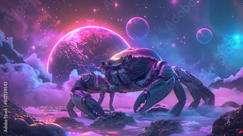 A mystical purple crab with glowing eyes stands on a beach of an undiscovered planet